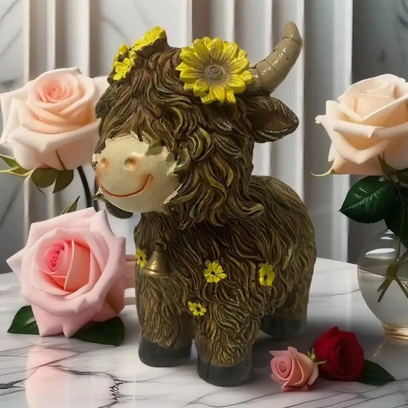 Estatuilla de resina de ganado con flores, figurita coleccionable para mesa de granja, decoraciones de jardín del hogar