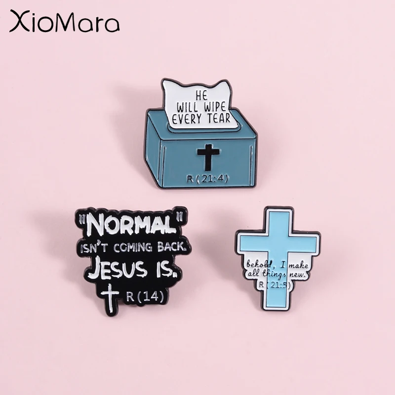 Épinglette en émail avec texte simple sur la foi chrétienne, décorations avec des mots bibliques et une croix, badge sur le thème religieux, accessoire de tous les jours unisexe, cadeau