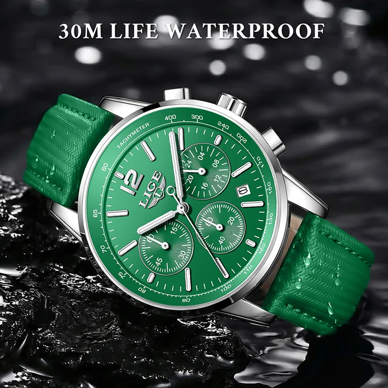 LIGE Men's Quartz Wristwatches Fashion Business Green Leather Watch for Men Outdoor Sports Waterproof Chronograph Reloj Hombre