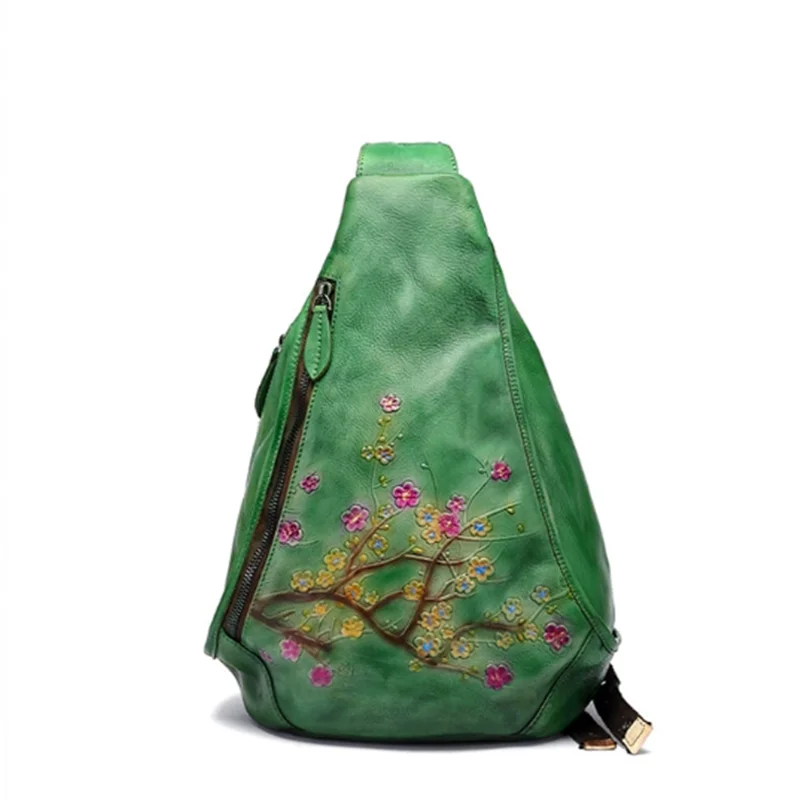 

Vintage Green Embossed Women Backpack Genuine Leather Ladies Floral Chest Bag Handmade Backpacks Bags For Female Women's Bag