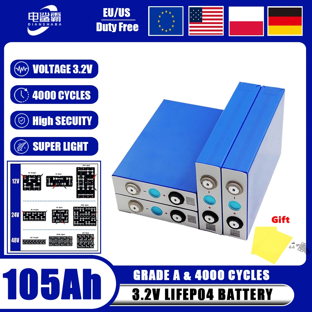 

3.2V 105Ah LiFePO4 Batteries Lithium iron phospha DIY 12V 24V Motorcycle Electric Car Solar Inverter Battery Boat RV EV Camping