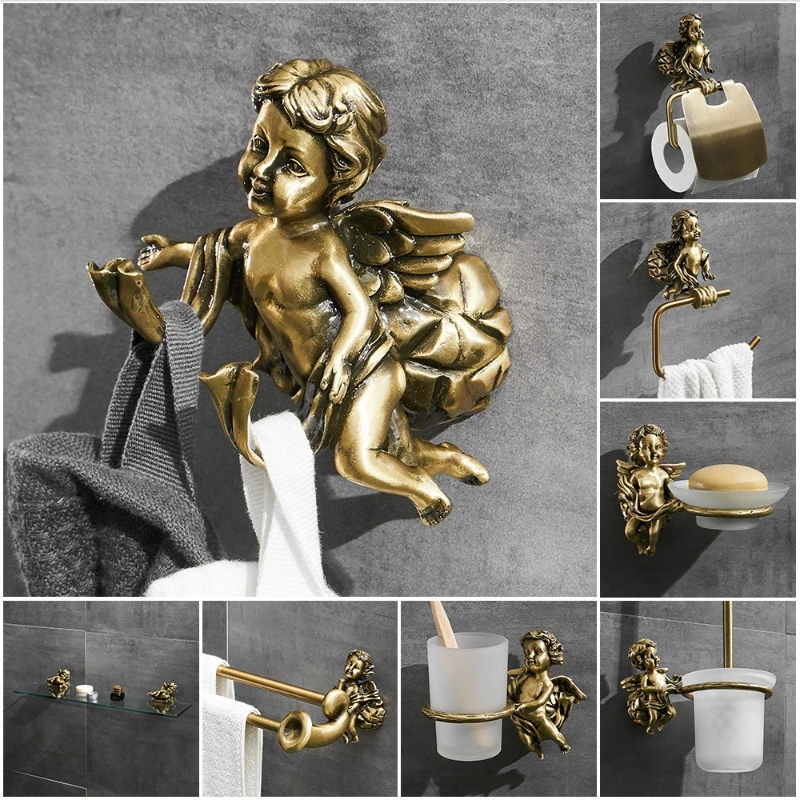 Retro Brass Tissue Holder Wall-mounted Towel Rack and Toilet Brush Little Angel Statue and Cover Bathroom Hardware Accessories