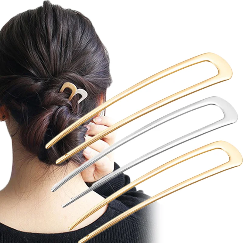 Chinese Style Metal U Shaped Hair Stick Fork Clip Minimalist Vintage Hanfu 2 Prong Updo Chignon Pin Bun Holder Simple Hairpin