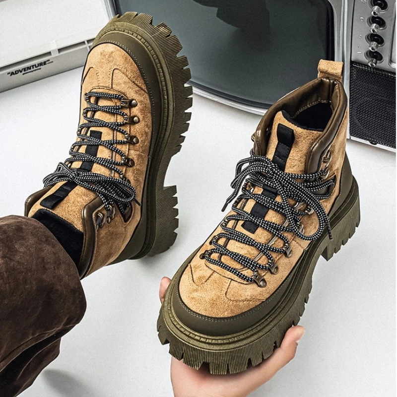

Осенне-зимние уличные рабочие ботинки для мужчин, модная модная обувь с круглым носком и цветными блоками на толстой подошве, увеличивающая рост
