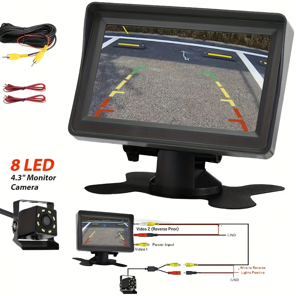 

[4.3" Monitor Wide Angle Camera Kit] Backup Camera Car Rear View HD Parking System Night Vision And 4.3" Monitor 8LED Lights HD Reversing Rearview Camera Kit with Wide Angle Lens for Safe Parking And Reverse Driving - Perfect for Car, Pickup, SUV