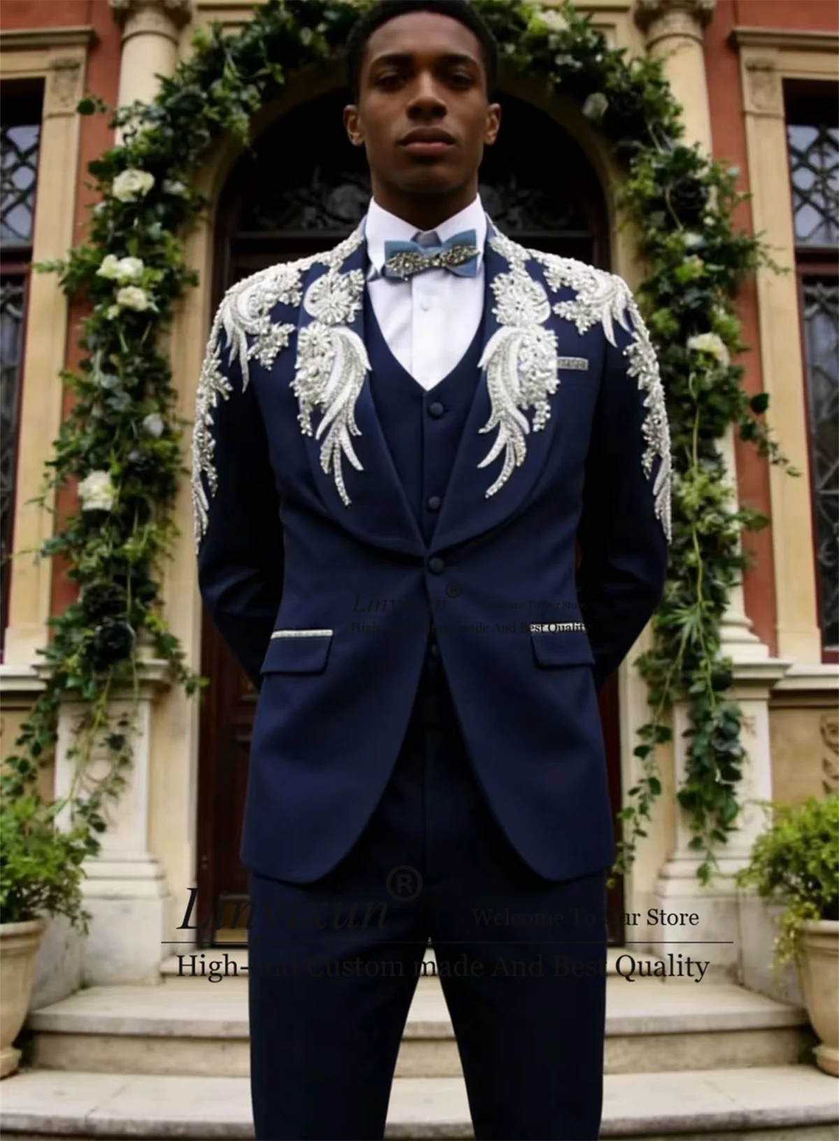 

Элитные мужские костюмы с кружевными аппликациями, 3 предмета, для свадьбы, для жениха, мужской пиджак, индивидуальный пошив, смокинг для вечеринок, с шалевым воротником, Ropa Hombre