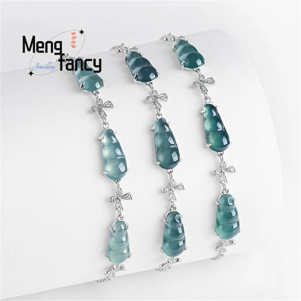 Natural A-goods Jadeite Blue Water Blessed Beans S925 Silver Inlaid Bracelet Ice Jade Exquisite Elegant High-grade Holiday Gifts