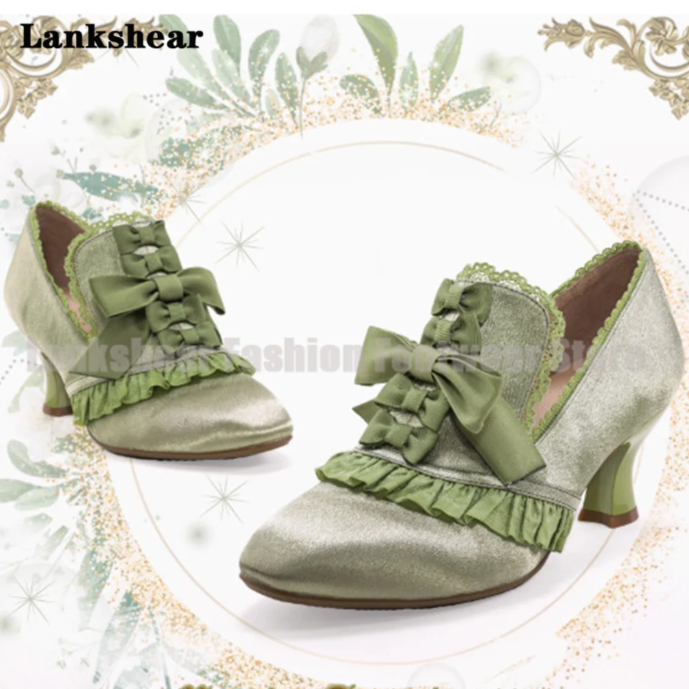 

Women's Green Lace Trim Wedding Heels Lolita Style Satin Bridal Pumps Bow Ruffle Bridal High Heels Sandalias De Mujer Verano