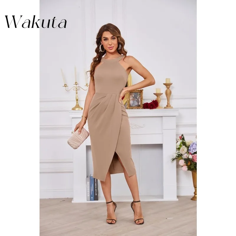 

Wakuta Luxury Women's Halterneck Sleeveless Ruched Bodycon Slit Wrap Party Cocktail Midi Dress Estido De Fiesta