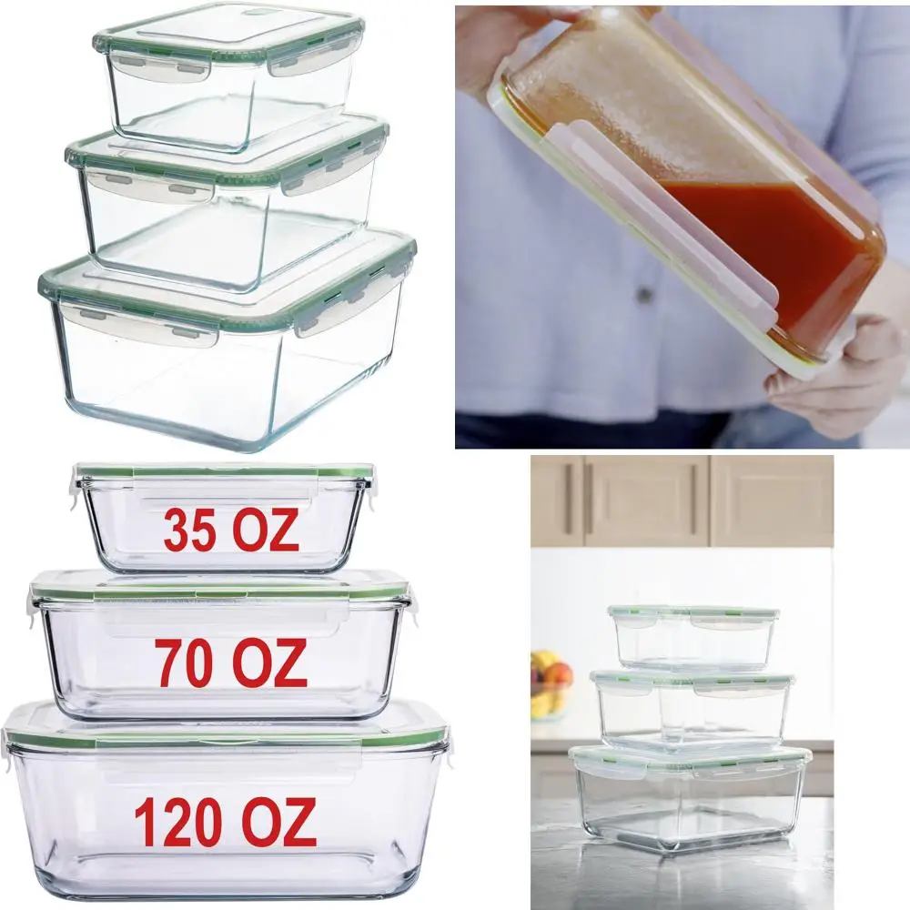 

Large Glass Meal Prep Containers with Lids - 120 oz, 70 oz, 35 oz Set, Leakproof, Oven Safe
