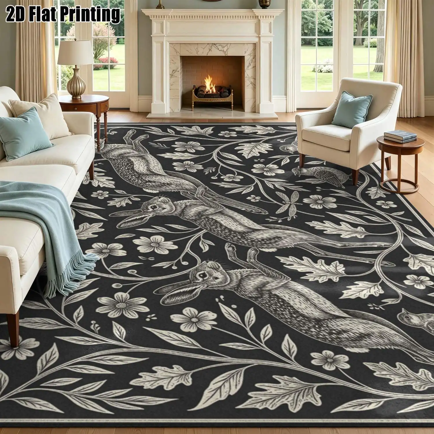 1Pc 2D Printed Carpet: Black White Retro Animal Floral Pattern, European/Bohemian/Geometric Style, Machine Washable, Multi-Size Home Decor Rug for Entryway, Living Room, Bedroom, Dining Room