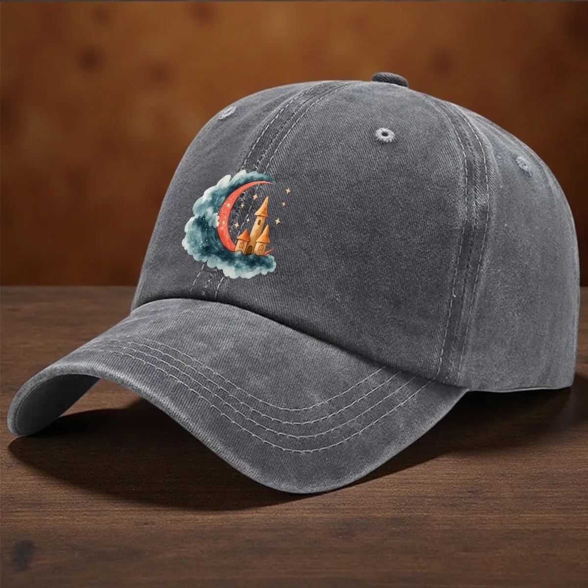 Crescent Moon Castle Graphic Washed Baseball Cap Vintage Style Denim Hat for Unisex Daily Wear