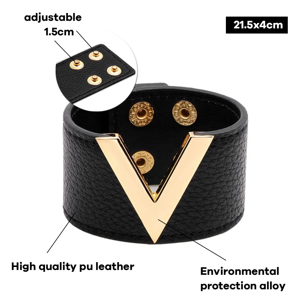 Kirykle-pulsera de cuero grande para mujer, brazalete envolvente ancho con palabra en V, sencillo, combina con todo, joyería de mano, Europa, 2021