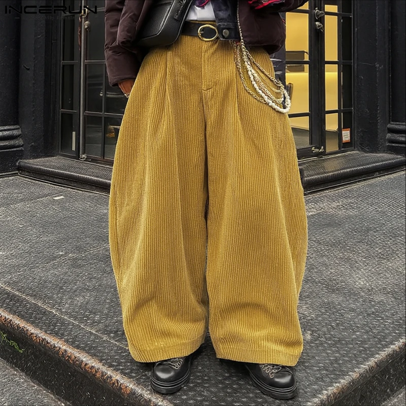 

INCERUN Men Corduroy Pants Solid Color Button Joggers Loose Wide Leg Trousers Men Streetwear 2025 Fashion Casual Male Long Pants