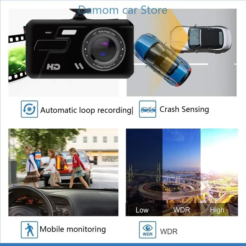 A2UC 1080P Voice Control Car Rearview Video Recorder Camera 4 In IPS Parking Monitor Loop-Recording Motion Detection