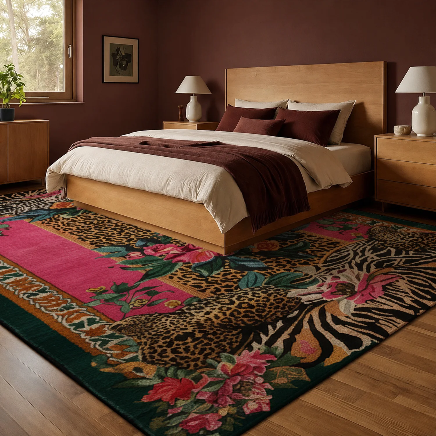 Large Indoor Area Rug, Soft Velvet Low Pile Non-Slip Dotted Backing, Machine Washable Vibrant Leopard Floral Zebra Print Rug for Living Room, Bedroom, Entryway