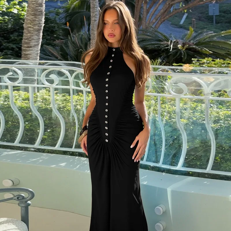 티켓엑스 패션 루치드 슬림 드레스 솔리드 뉴 라운드넥 버튼 슬리브리스 롱 드레스 여성 빈티지 백리스 비치 휴가 드레스