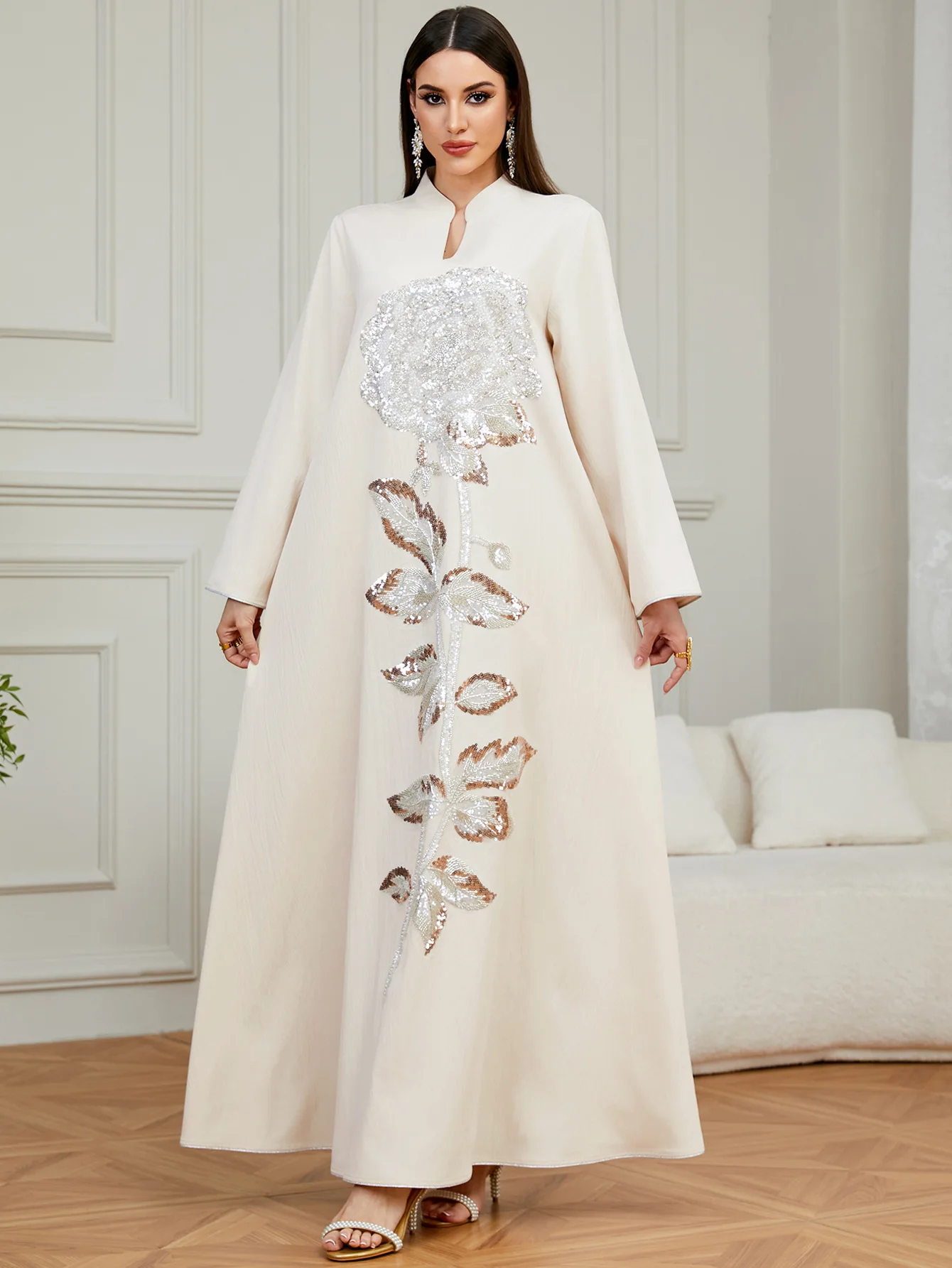 ชุดจาลาบียะห์ปักเลื่อมสำหรับรอมฎอนปี 2026 ชุดอีด อบายาสำหรับผู้หญิงมุสลิม ชุดดูไบ อบายา ตุรกี คาฟตัน เสื้อผ้าอิสลาม คาฟตันผู้หญิง ชุดคลุมยาว