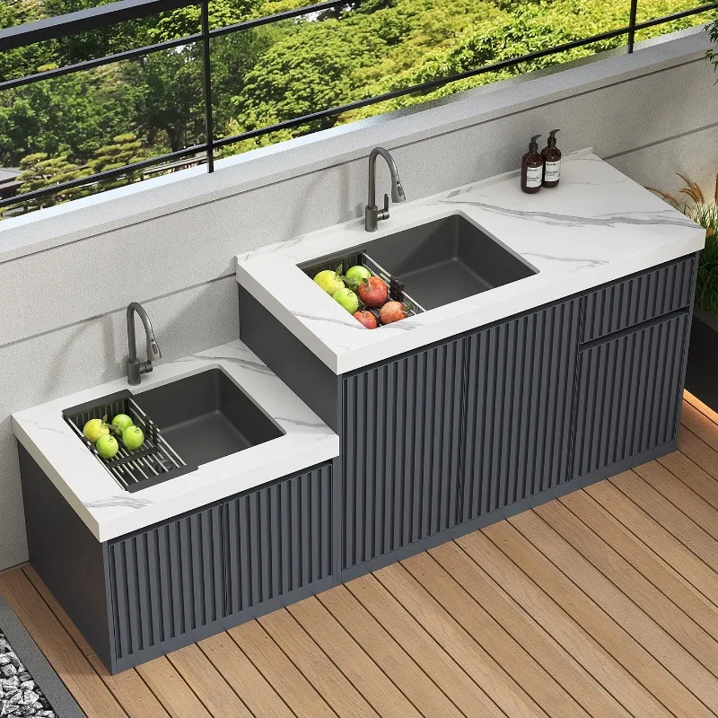 XL Balcony Laundry Cabinet High and Low Platform Slate Honeycomb Aluminum Double Basin Sink Outdoor Terrace Wash Sink