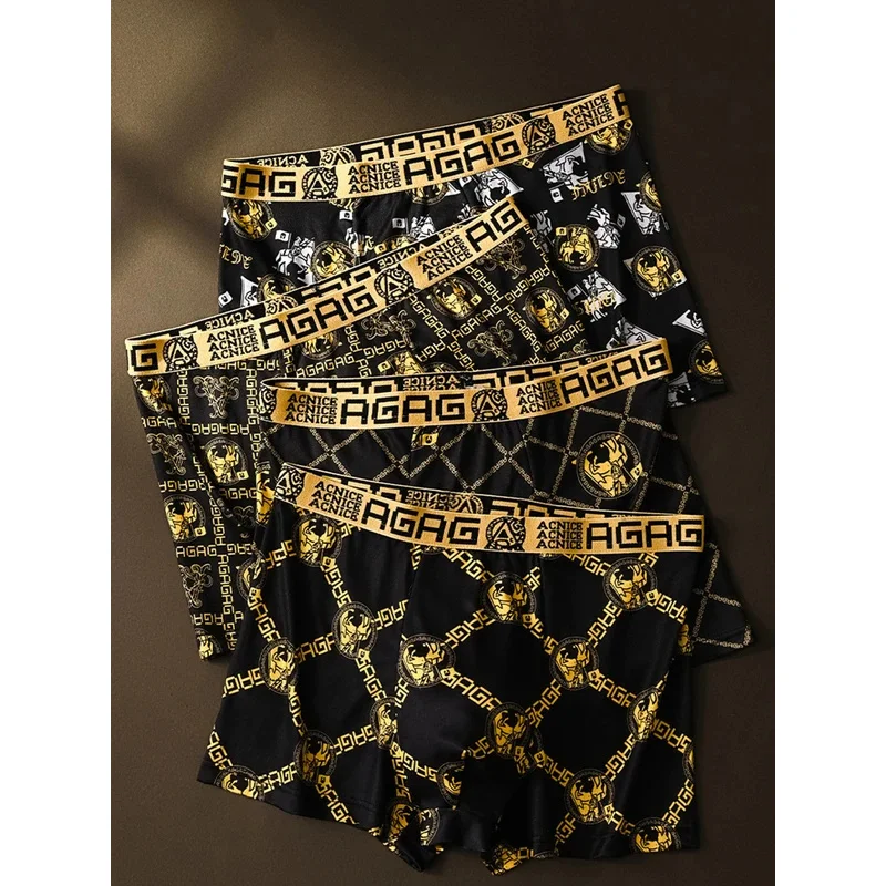Soft Antibacterial Men Boxershorts 4 Pack Retro Print Fashionable Underpant Breathable Cotton Flat Corner Panties