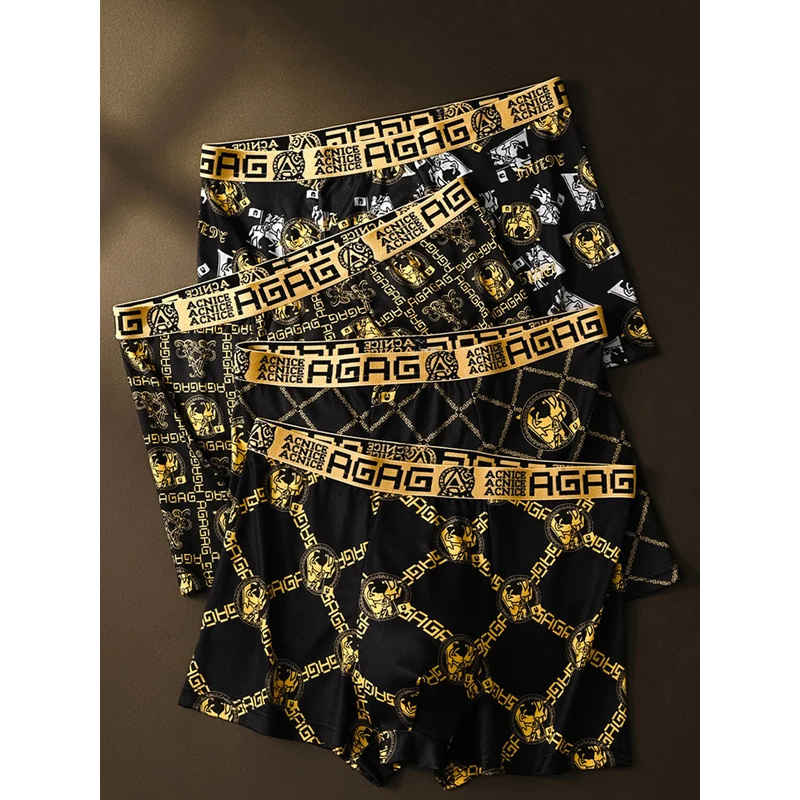  Soft Antibacterial Men Boxershorts 4 Pack Retro Print Fashionable Underpant Breathable Cotton Flat Corner Panties 