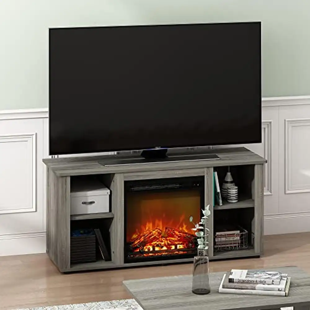 Wood TV Stand with Electric Fireplace Insert TVs up to 55 Inch Modern French Oak Grey Rectangular Shape Open Storage Living Room