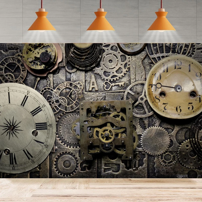 Photography Background Industrial Metal Clock Old Metal Gearwheel Antique Steam Machine Nostalgia Party Backdrop Wall Banner