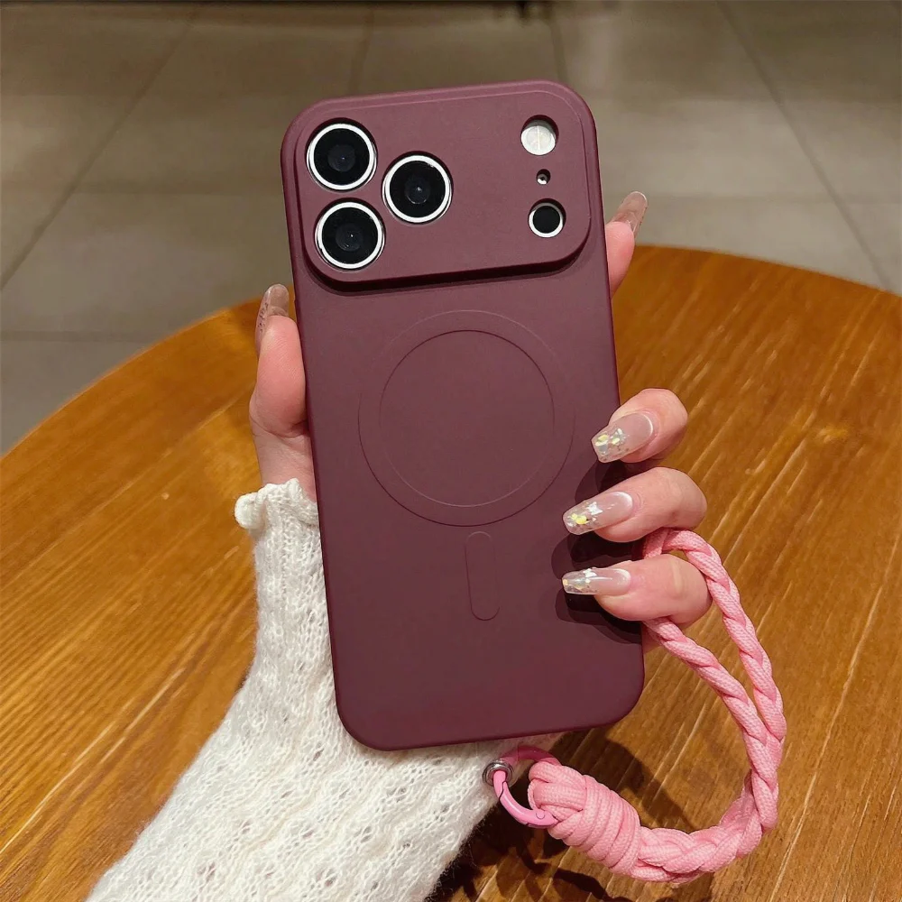Silicone Liquid Case - ファッションキャンディカラーのリキッドシリコン製Magsafe対応ケース、iPhone 18 Pro Max、14、15、16、17 Pro用、携帯用リストストラップ付き耐衝撃カバー