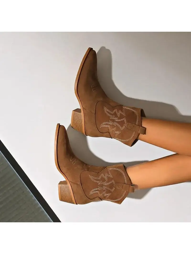 Bottes de Cowboy occidentales courtes pour femmes, avec talon en daim épais et col en v pointu, bottes courtes fines de Style britannique rétro f
