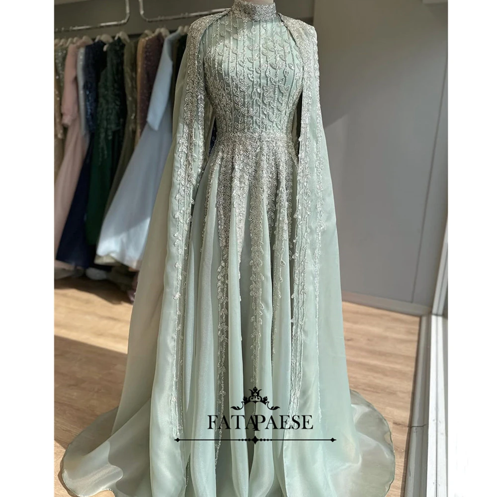 

FATAPAESE Роскошные арабские мусульманские вечерние платья с накидкой шалфейного зеленого цвета с длинными рукавами и кристаллами, платье для выпускного вечера для свадебной вечеринки