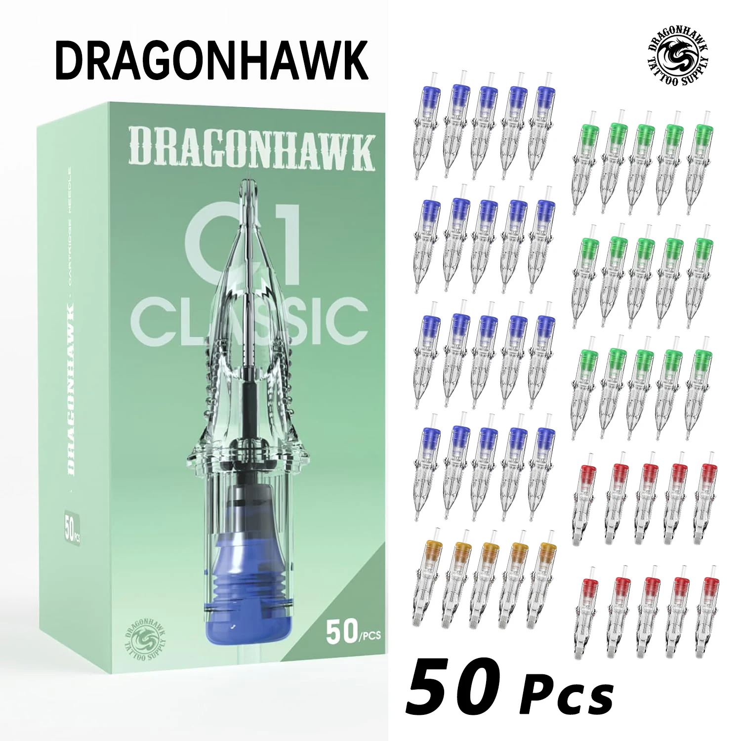 

Dragonhawk C1 Tattoo Needles Cartridges 50Pcs Mixed Sizes RL RS RM M Universal Fit Most Rotary Machines for Lining Shading Work