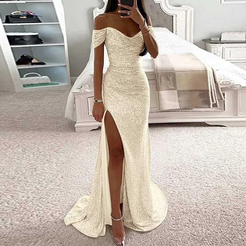 

Women Mermaid Maxi Evening Dresses 2026 Elegant Off-Shoulder Sequin Split Formal High Waist Prom Dresses For Party Customized