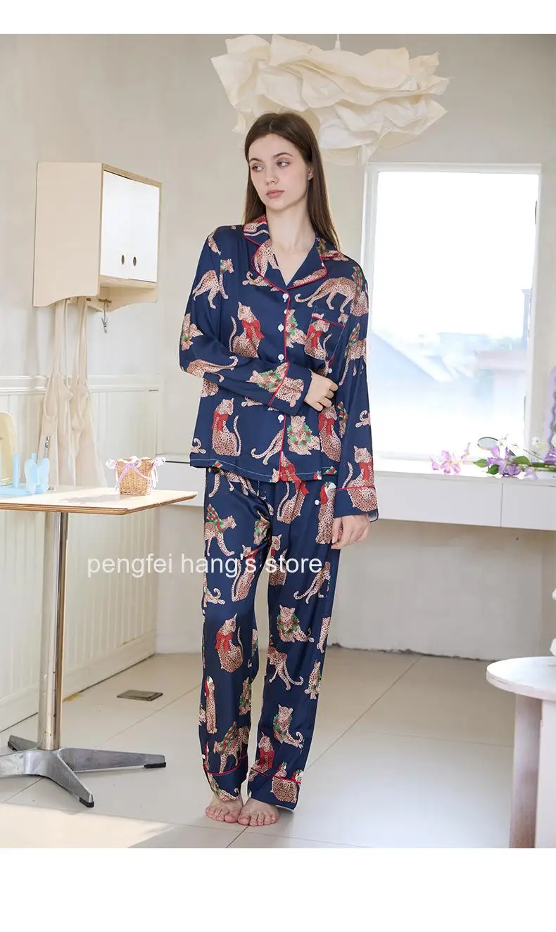 Women Spring Ice Silk Cool Touch Pajama Set Wearable Outside Long Sleeve Homewear Sleepwear Loungewear Suit 6