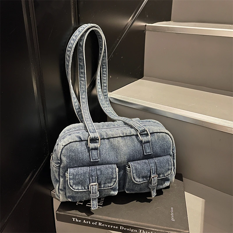 

Large Capacity Women Denim Handbags Bowling Bag High Quality Ladies Zipper Shoulder Messenger Bags New Casual Female Solid Bag