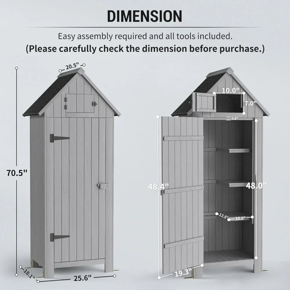 Outdoor Storage Shed with Floor, 70” Tall Water-Resistant, Wooden Garden Tool Storages Cabinet, Outdoor Storage Room