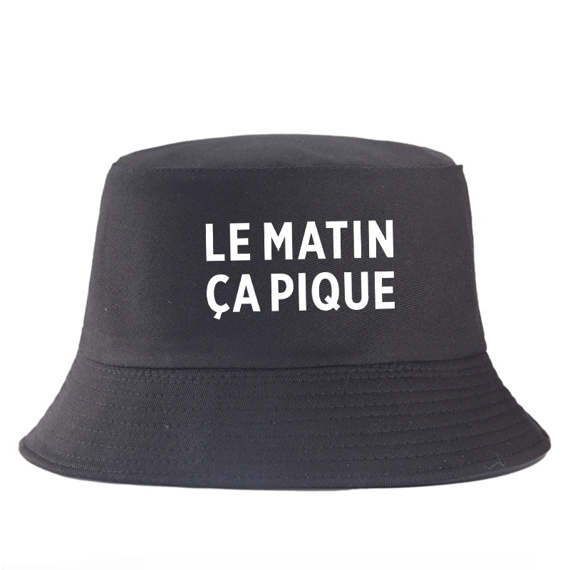 Le Matin Ca Pique Reversible Bucket Hat Fashion Classic Cotton Sun Cap Men WomenFrench Humor Text Summer Chapeau Bob Rigolo
