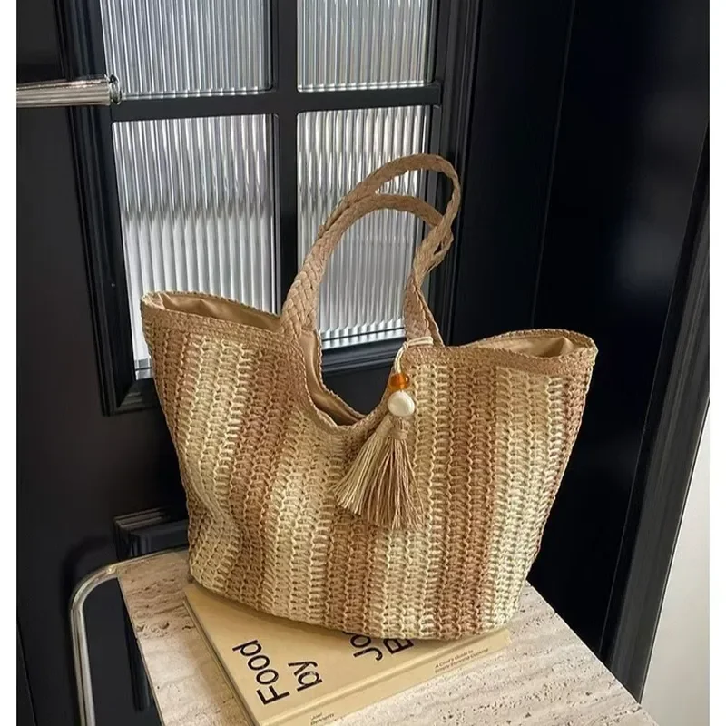 Striped woven straw tote bag for women large capacity beach vacation handbag seaside summer accessory view 2