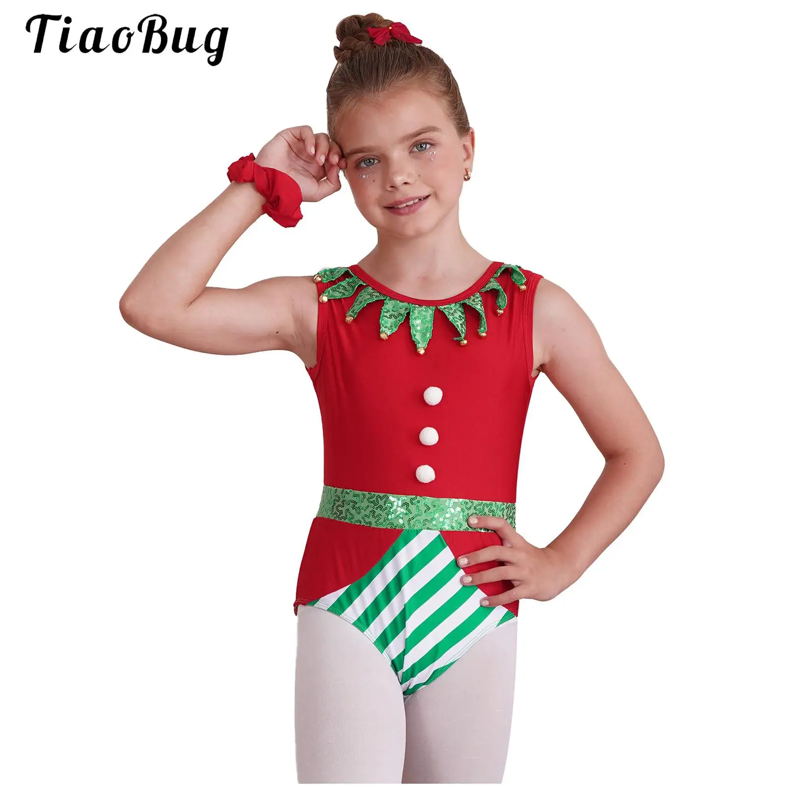 

Kids Girl Christmas Xmas Elf Costume Candy Cane Sequin Stripes New Year Striped Leotard Bodysuit for Gymnastics Skating Ballet