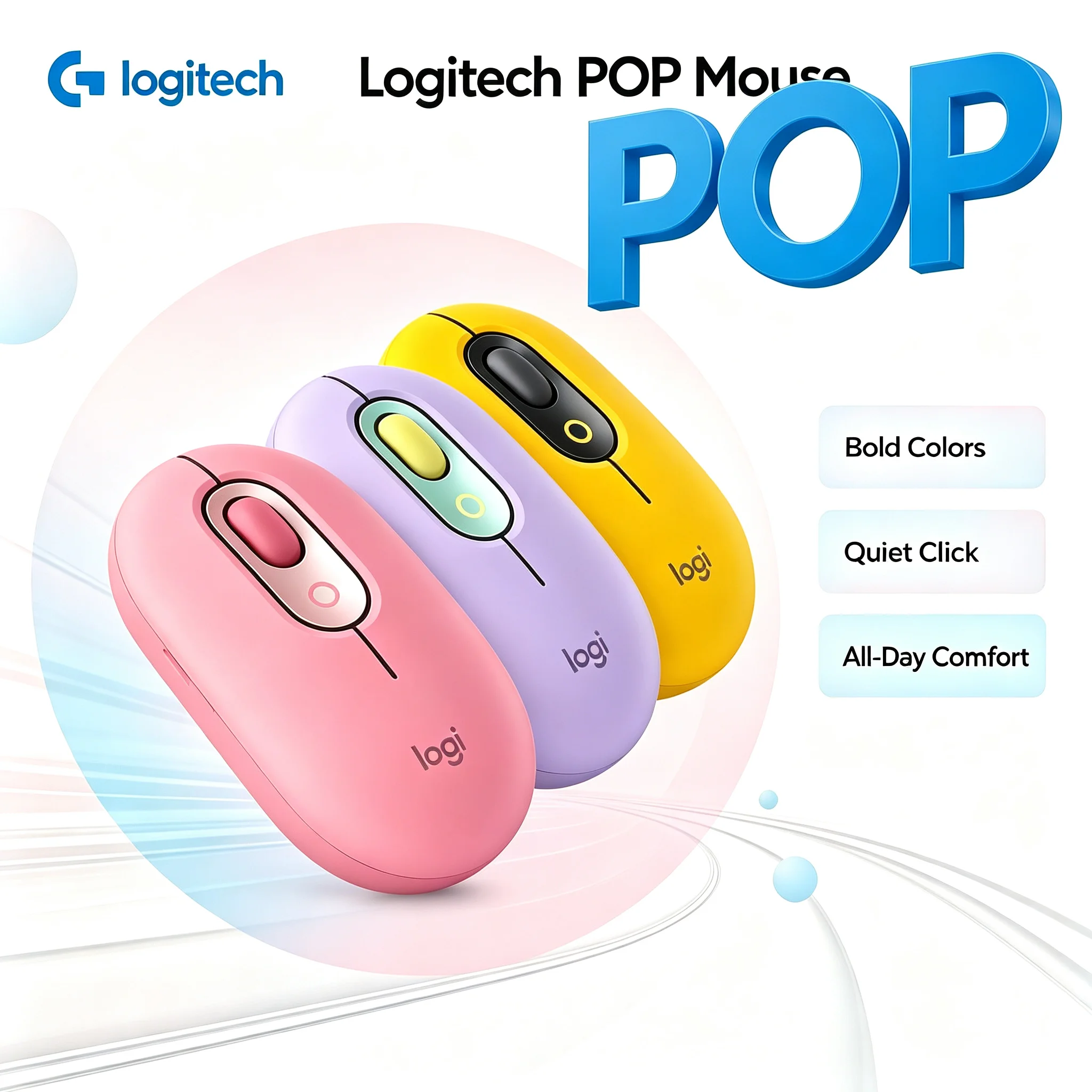 Logitech POP Mouse Wireless Bluetooth Mouse, Quiet Click, Easy-Switch Multi-device Pairing, Portable Slim Mice for Laptop PC Tab