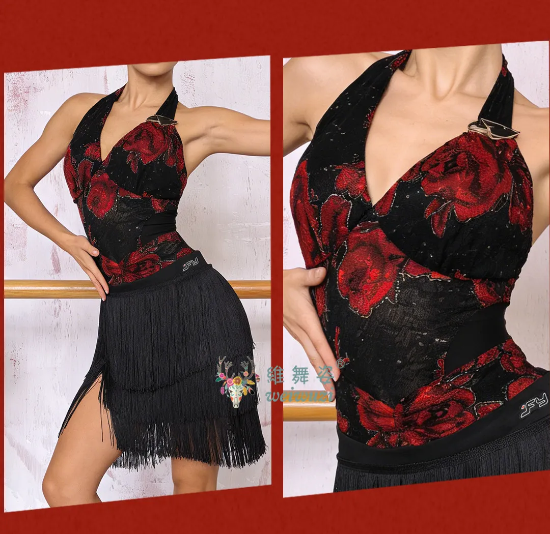 Latein-Tanzkleid für Damen, Bühnenoutfits, Party-Performance-Kostüme, Spitzen-Einteiler-Oberteil, Fransenrock, Mädchen-Samba-Übungsanzug – Detail 9