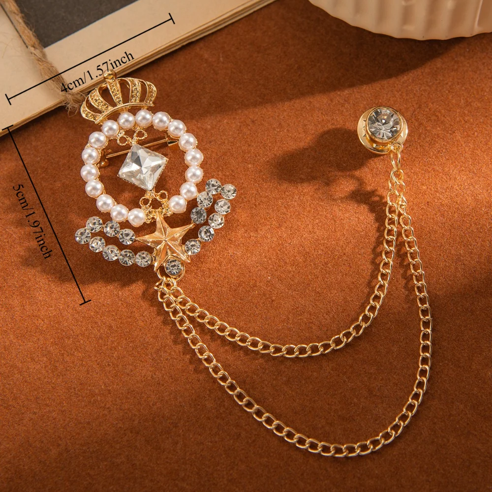 Vintage Exquisite Crown Pearl Star Brooch Diamond Studded Chain Double Needle Pin Gentleman's Suit Shirt Decorative Accessories