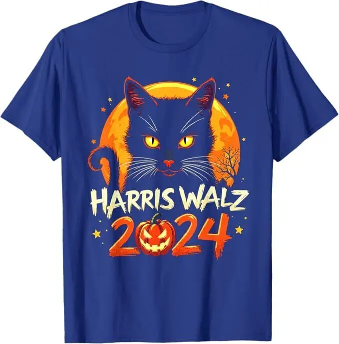 Harris Walz 2024 Funny Cat Pumpkin Halloween Election Kamala Unisex T-Shirt