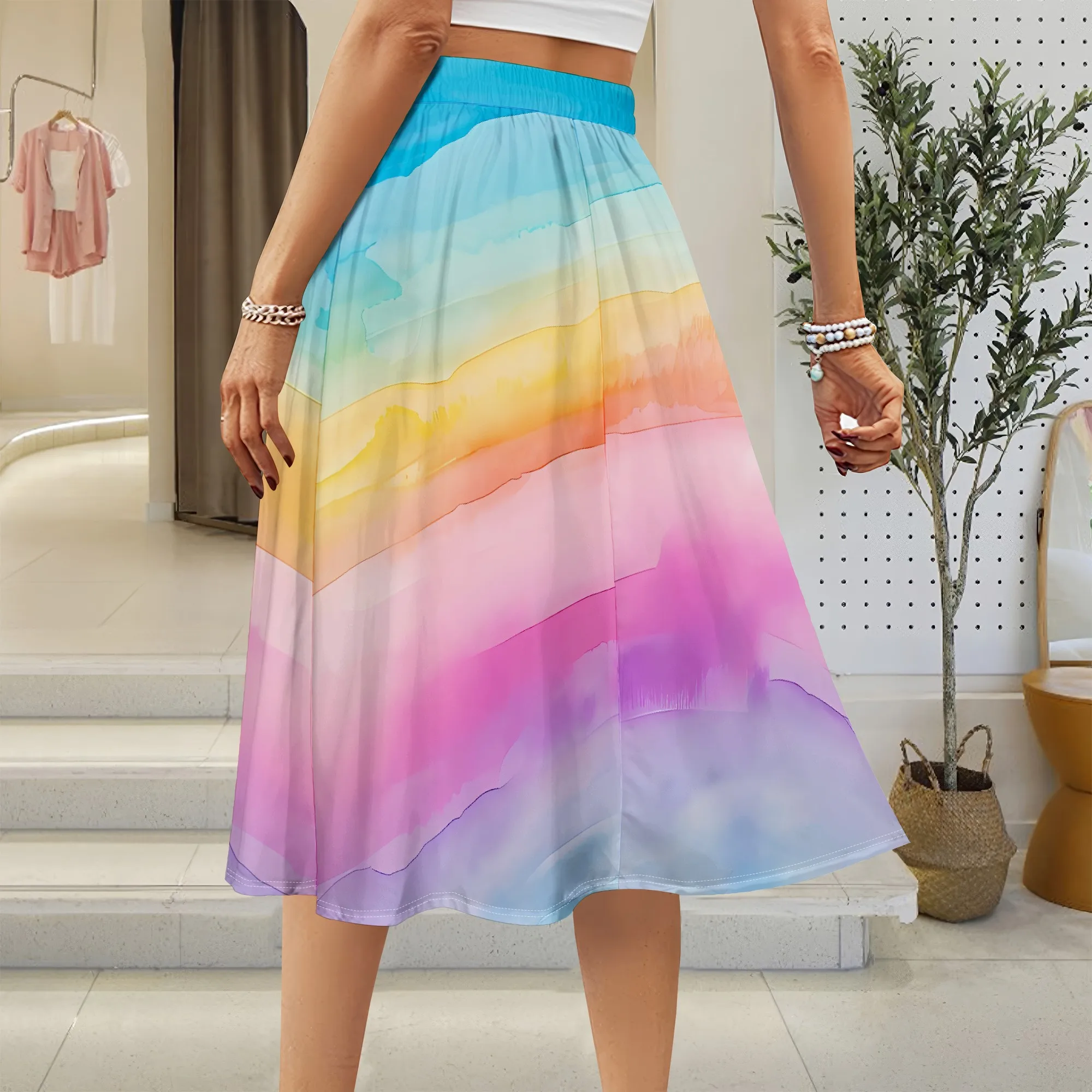 EQQZD Colorful Tie-Dye Print Pocket Midi Skirt, Elegant High-Waisted A-Line Skirt for Women, Summer Stylish Casual Dress