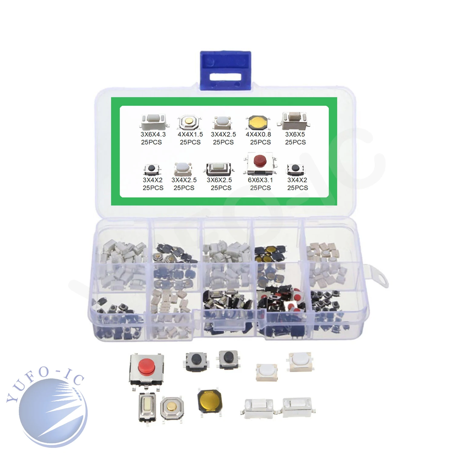 1 Box 10Values 250pcs Button Touch Switch Kit 3*4*2/2.5/4.3/ 3*6*2.5/5 4*4*0.8/1.5 6*6*3.1MM Assortment Electronic Component