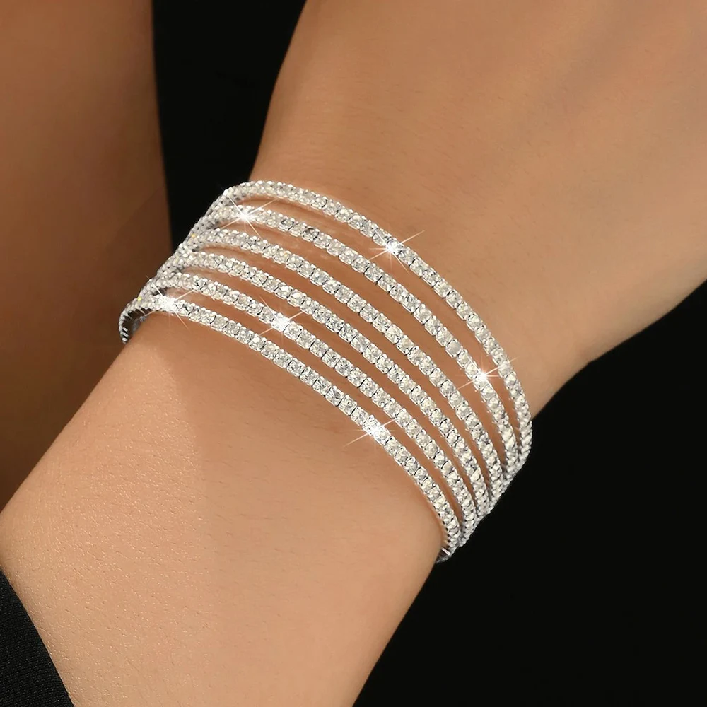 Multi Rows Full Rhinestone Open Bangle For Women Silver Color Sparkling Crystal Stone Evening Party Bangle Fashion Jewelry