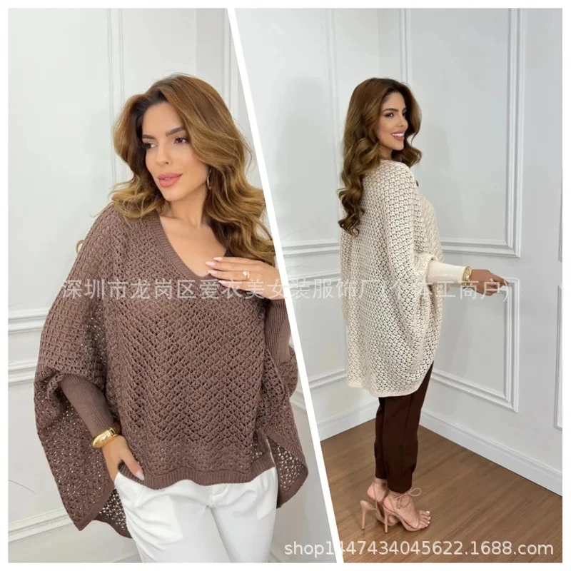 

2025 New Shawl Style Loose V Neck Hollow Long Sleeve Pullover Thin Fashion Sweater Apricot Color Coffee Color
