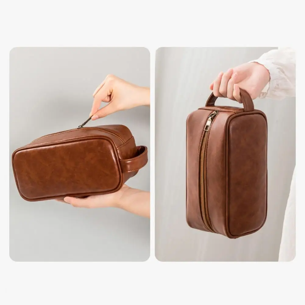 Large Capacity Cosmetic Bag Vintage Faux Leather Makeup Bag Waterproof Travel Toiletry Pouch Men's Ladies' for Business