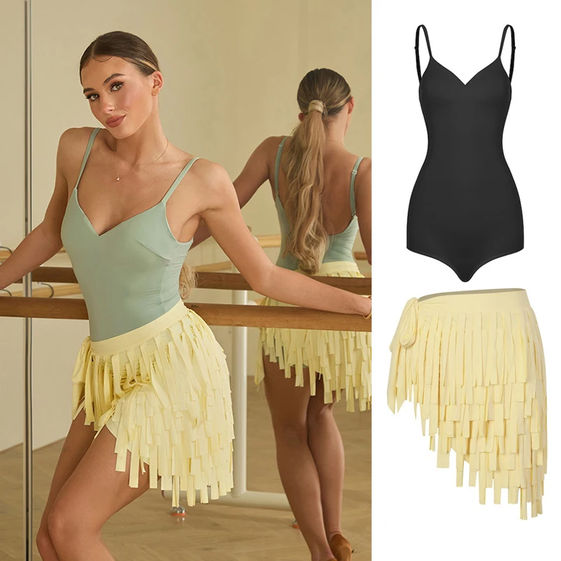 Sommerliche lateinamerikanische Tanzkleidung für Damen, ZYM, ärmelloser Body, gelber Fransenrock, für Erwachsene, Cha-Cha-Rumba-Tanz-Übungskleidung, DNV27295