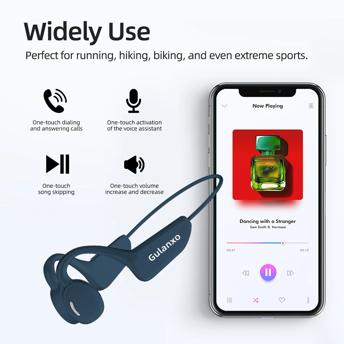 Słuchawki douszne Gulanxo z przewodnictwem kostnym Bezprzewodowe słuchawki Bluetooth Zasięg baterii 15 godzin Sportowe słuchawki telefoniczne z mikrofonem