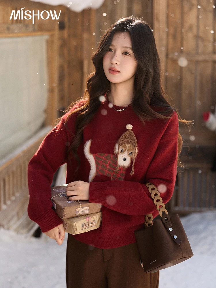 

MISHOW New Year Women's Red Knitted Sweater 2025 Autumn Winter Dog Pattern Crew Neck sweaters Warm Loose Pullover Top MXE93Z2811